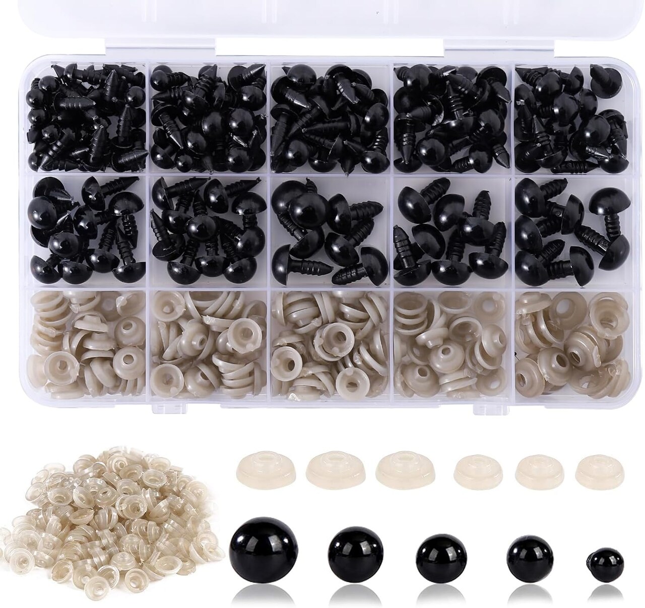 150-Piece Black Plastic Safety Eyes with Washers – 6mm to 12mm for Amigurumi, Crochet Dolls, Plush Toys & DIY Crafts